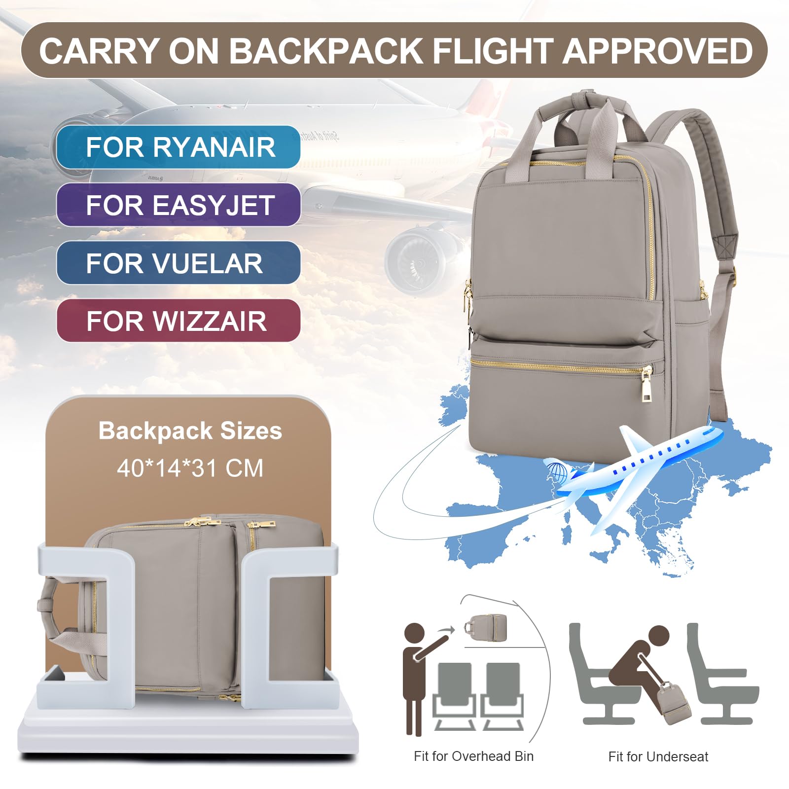 UPPACK Zaino Ryanair 40x20x25 Zaino Da Viaggio aereo Bagaglio a Mano Donna Zaino Borse da Cabina Borsa da Viaggio aereo Zaino per PC Impermeabile Casual Daypack