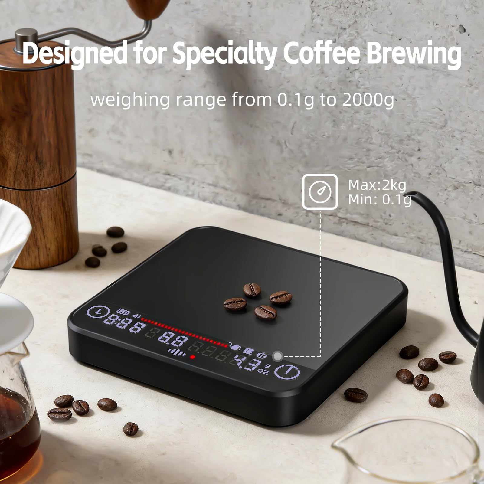 Mini-Kaffeewaage mit Timer, wiederaufladbare Espresso-Skala und Durchflussanzeige, 2 kg/0,1 g, automatische Tare, LED-Display, zum Übergießen, Tropfkaffee, Espresso, Silikonabdeckung (schwarz