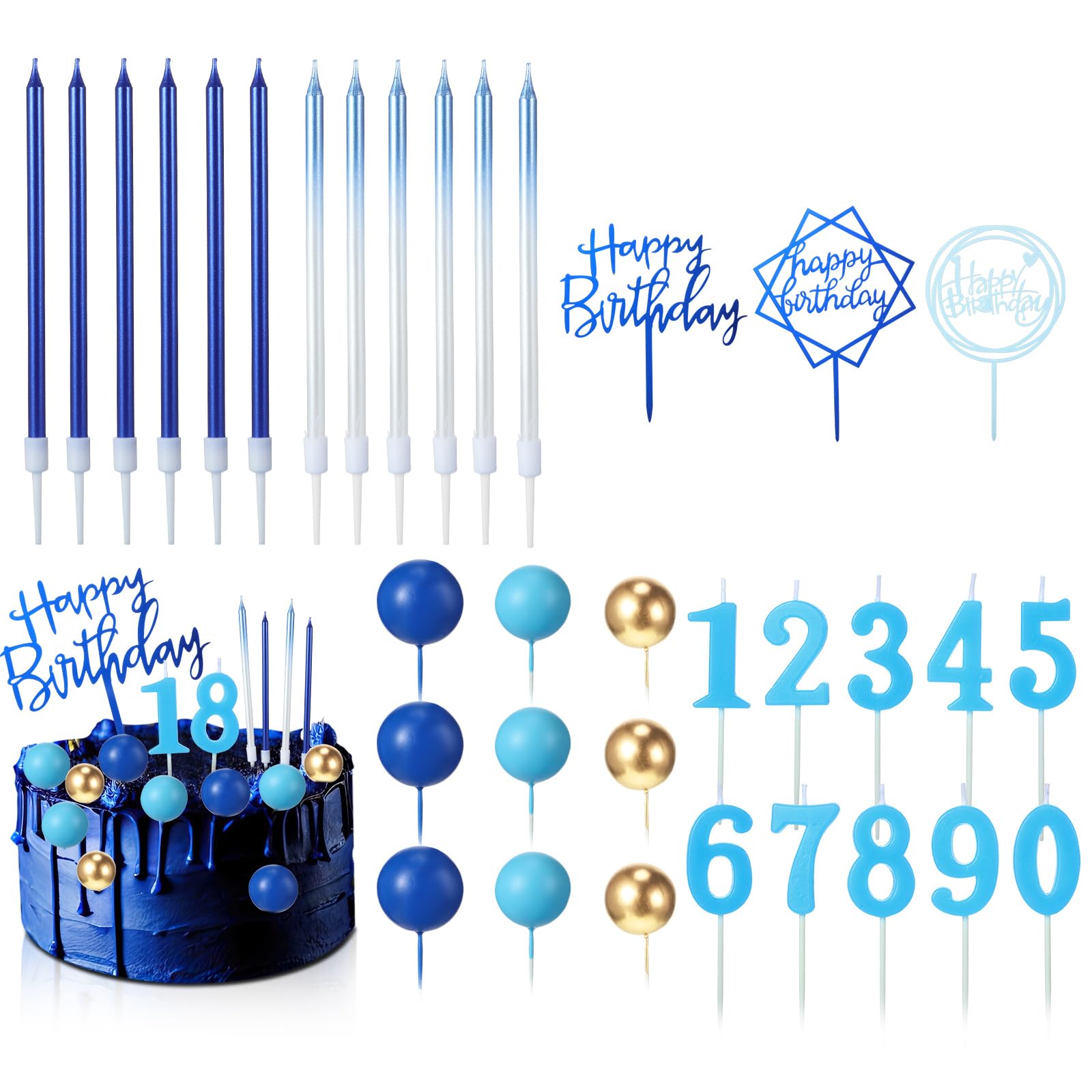 Happy Birthday Cake Toppers - 34 Pcs Candles & Picks -18 Happy Birthday Cake Toppers - 34 Pcs Candles & Picks -18