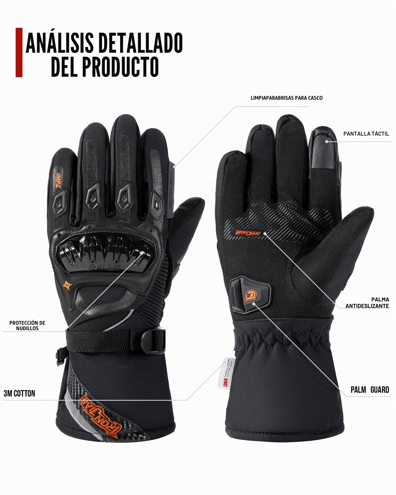 IRON JIA'S Guantes Invierno para Motocicleta para Hombre, Impermeables y Resistentes Level 1 KP al Viento, Ligeros y Cálidos Guantes de Pantalla Táctil, Adecuados para Motociclismo, Esquí-Negro-XL
