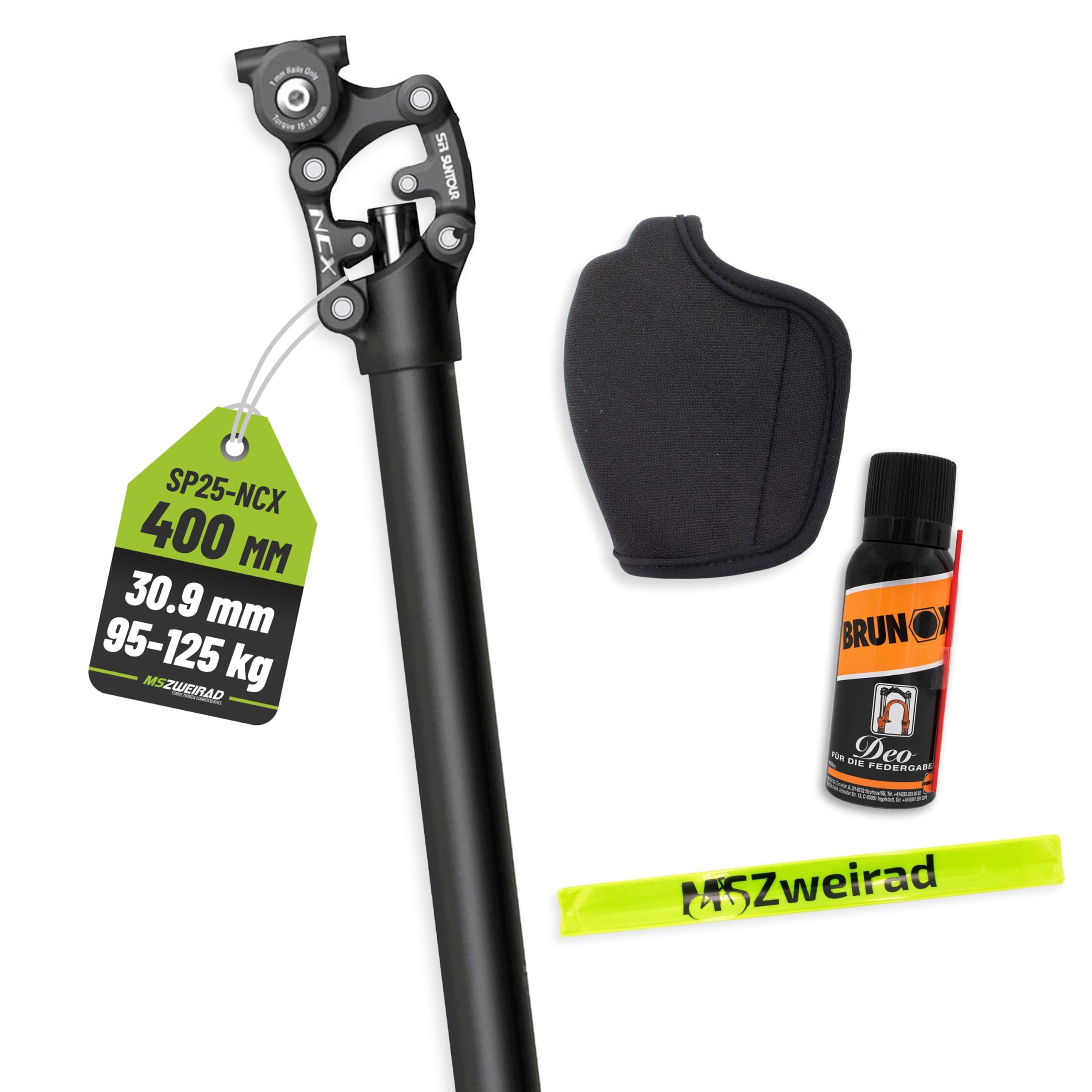 Suntour Federsattelstütze SP12/25-NCX Durchmesser 27,2mm/30,9mm/31,6mm, Länge 400mm,Gewicht 65-95kg, 95-120kg Parallelogramm inklusive Brunox Deo und MSZweirad Reflexband