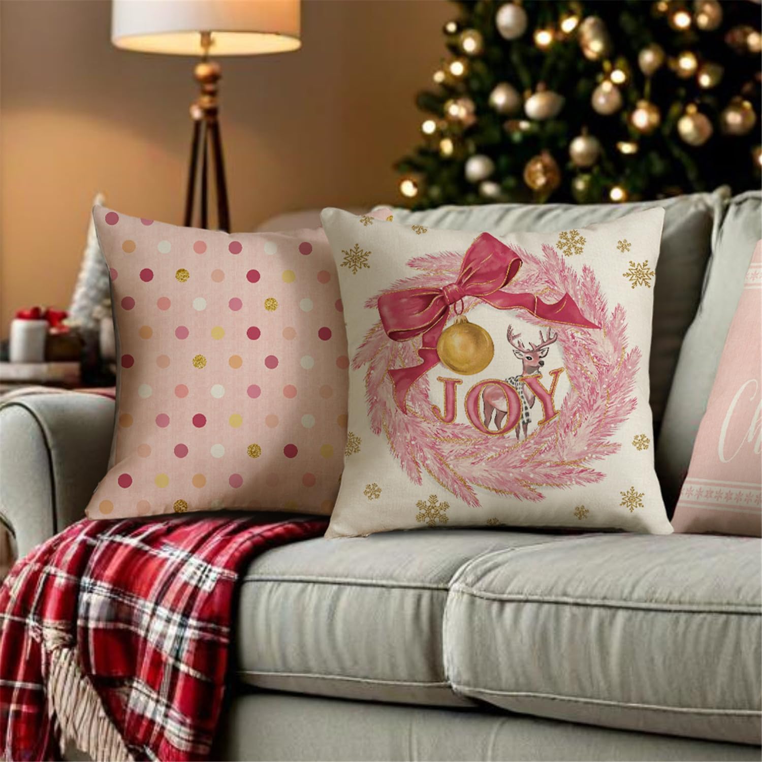 Christmas Pink Gold Snowflake Throw Pillow Covers Merry Christmas Tree Pillow Covers 18x18 Set of 4 Winter Holiday Cushion Case Polka Dot Decoration for Sofa Couch - Image 5