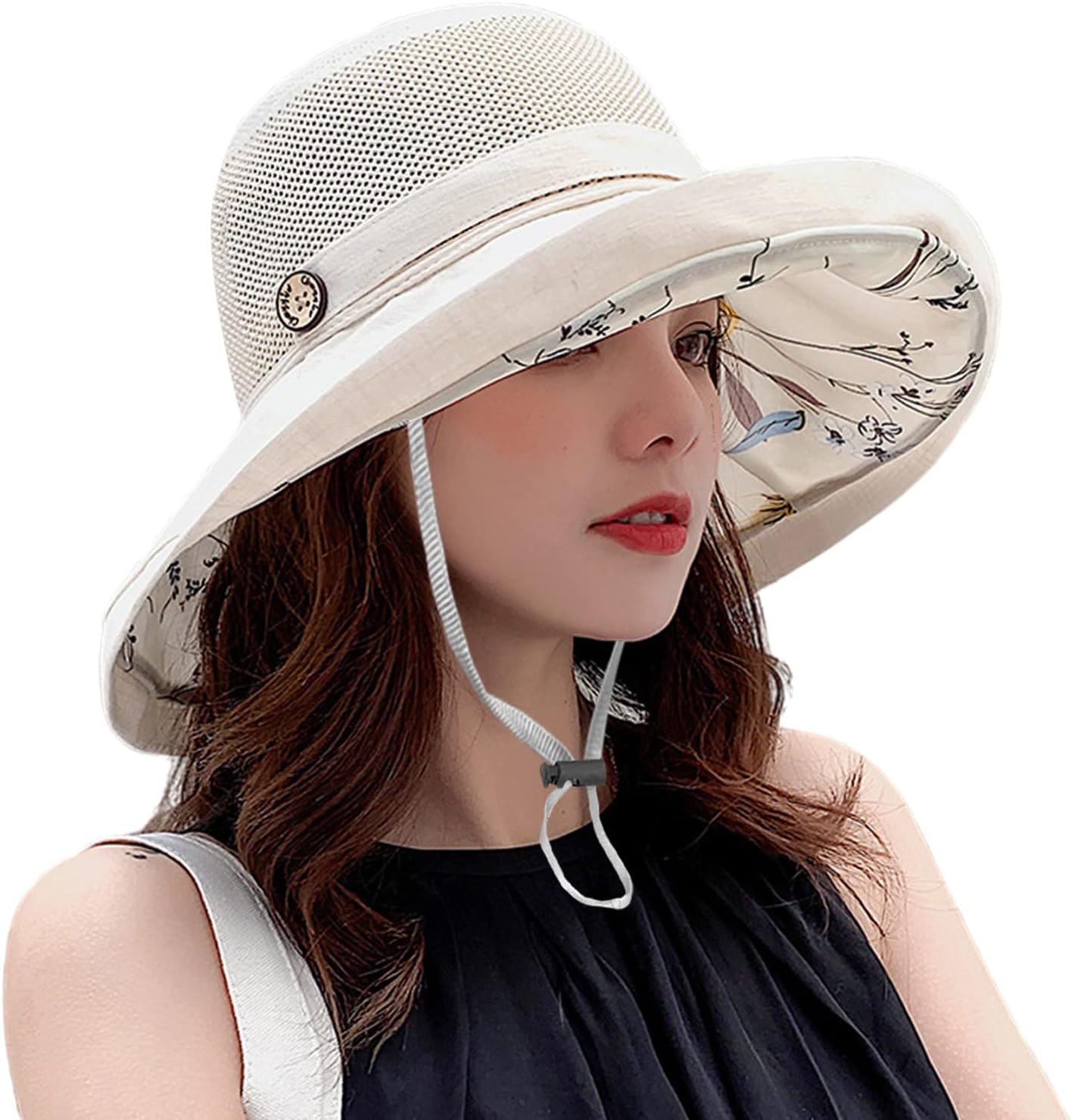 Women Wide Brim Sun Hats Metal Wired Edge Summer UV Protection Beach Fishing Hat for Hiking Garden Travel Chin Strap