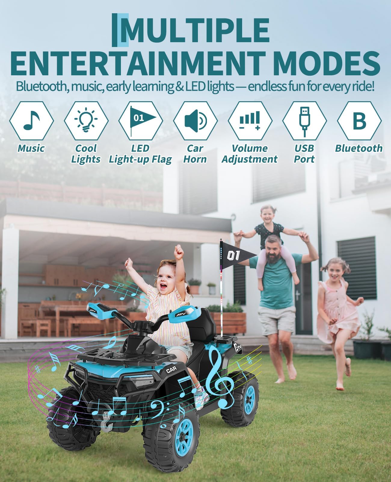 Elektro Quad Für Kinder, 12V 4.5Ah Starke Batterie, 2X Antriebsmotoren, Offroad-Reifen, Musik-Player über USB/TF, LED-Scheinwerfer, Geschwindigkeit 3-8 Km/h, Für Kinder Ab 3-8 Jahre, Türkisblau - 5