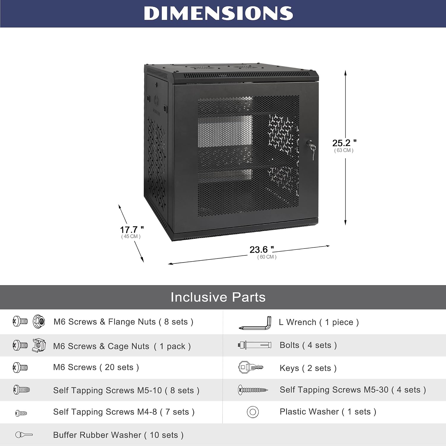 12U Wall Mount Server Cabinet with A Lockable Front Vented Door, Cooling Fans, Removable Side Panels - 45cm Depth, 19" Network Rack Including 2 PCS Full-Size Rack Shelves for IT Equipment