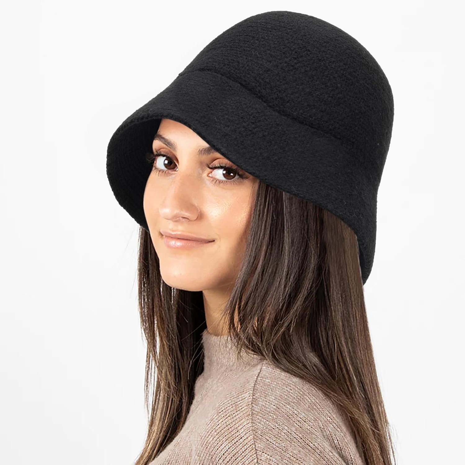 Women Winter Knit Bucket Hat - Black Vintage Warm Beanie Cap Fashion Packable Knitted Cloche Hat