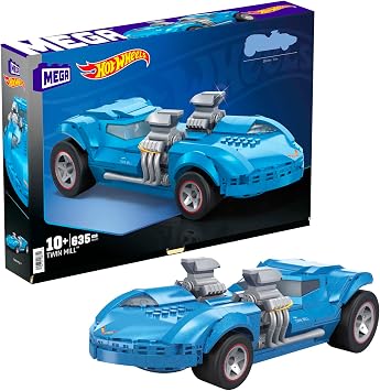 MEGA Hot Wheels Race Car Building Toys Set, Twin Mill with 635 Pieces, Build & Display Collector Replica, Blue, Kids & Adults