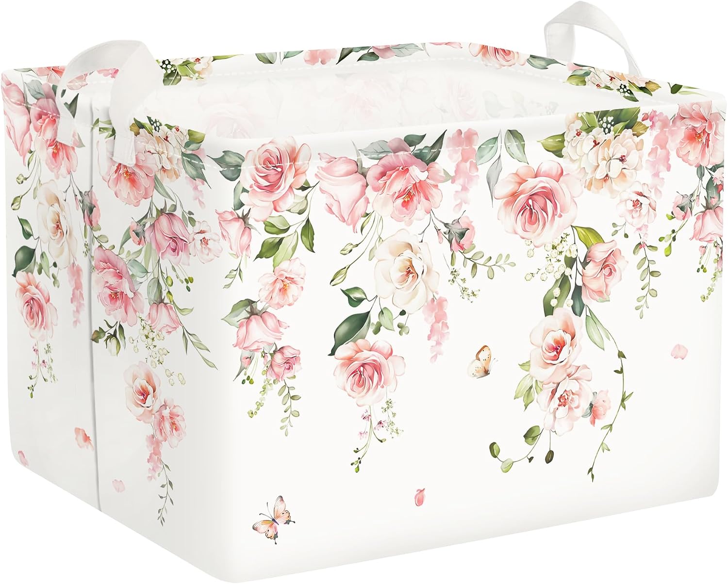 Clastyle Flower Girl Book Storage Basket Spring Summer Floral Women Clothes Organizer Bin Parents Gift Toy Box for Bedroom Shower, Pink Rose, 40x30x30 cm