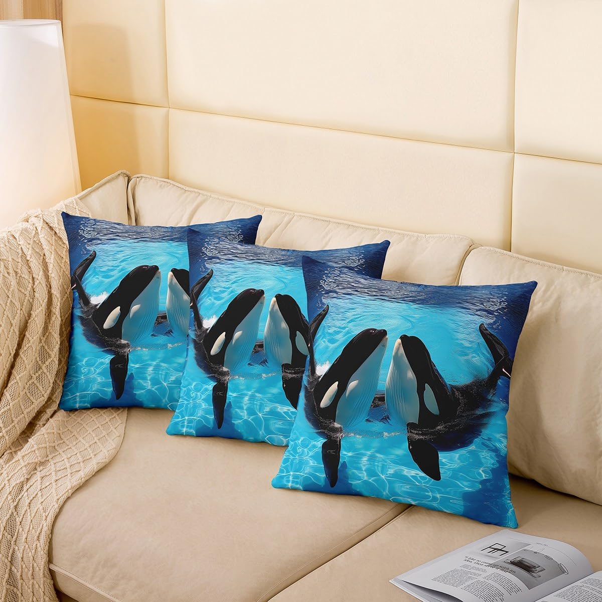 Kawaii Killer Whale Throw Pillow Covers 24x24 Inch Set of 2, 3D Whale Pillow Covers For Lumbar Support, Marine Life Hawaii Ocean Wave Cushion Cases, Aquarium Sea Animal Decorative Square Pillow Cases