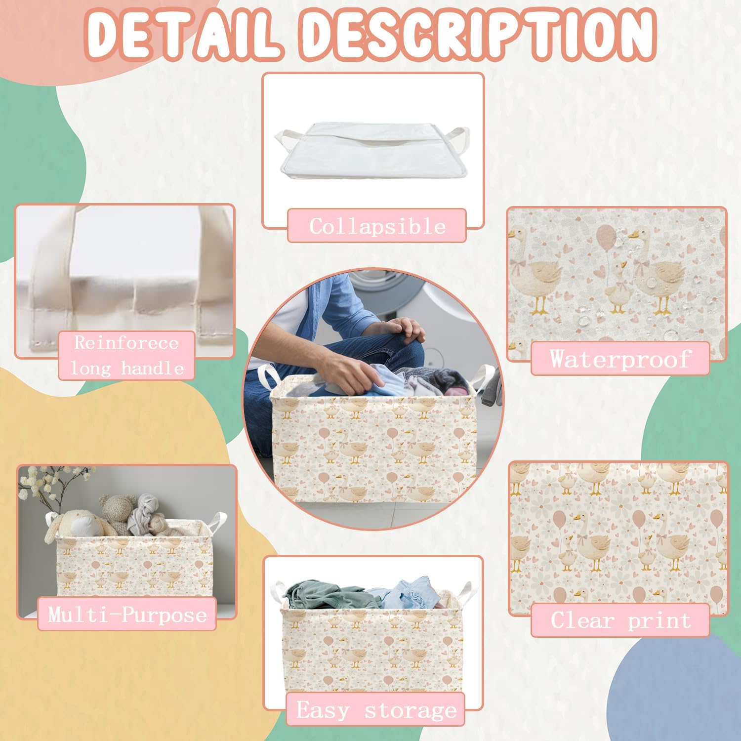 A New Silly Goose Storage Basket, Cute Waterproof Canvas Toy Storage Box, Foldable Room Decorative Basket with Handle, Gift for Daughter, Suitable for Wardrobe, Bedroom, Home Living Room Shelf image 3