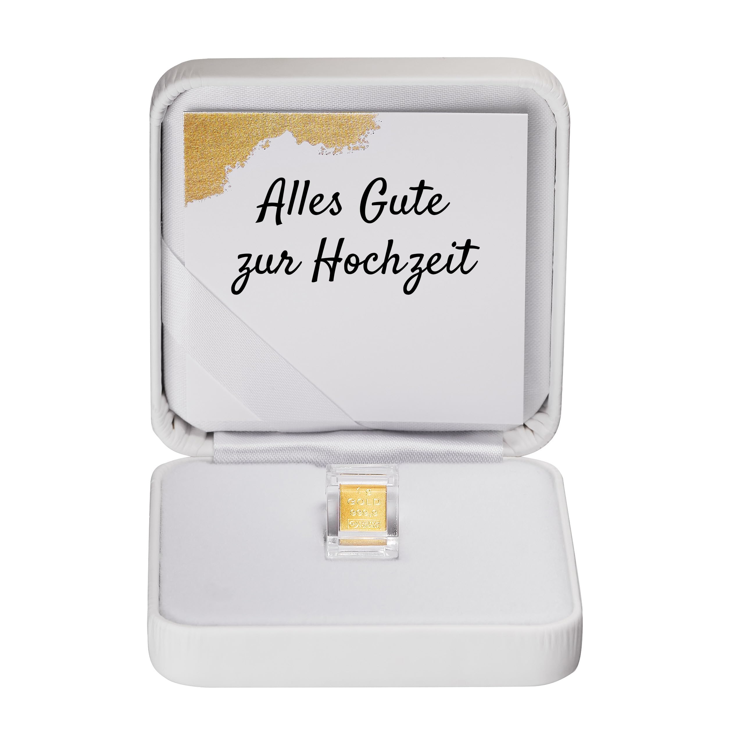 Goldstücke24 - Geschenk zur Hochzeit - Goldbarren 1g in hochwertiger Kapsel inkl. Etui (weiß) und Grußkarte - Gold zur Hochzeit verschenken