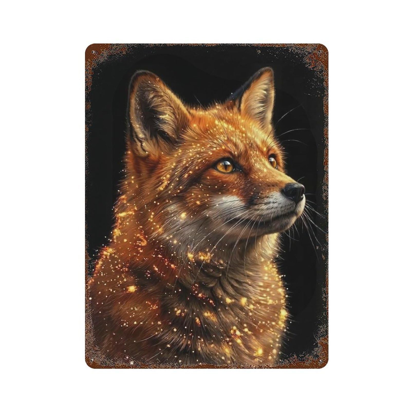 Rust Effect Fox Portrait with Golden Sparkles Distressed Metal Wall Sign 15.7"x11.8", Farmhouse Wall Decor for Office, Studio And Wall Decor