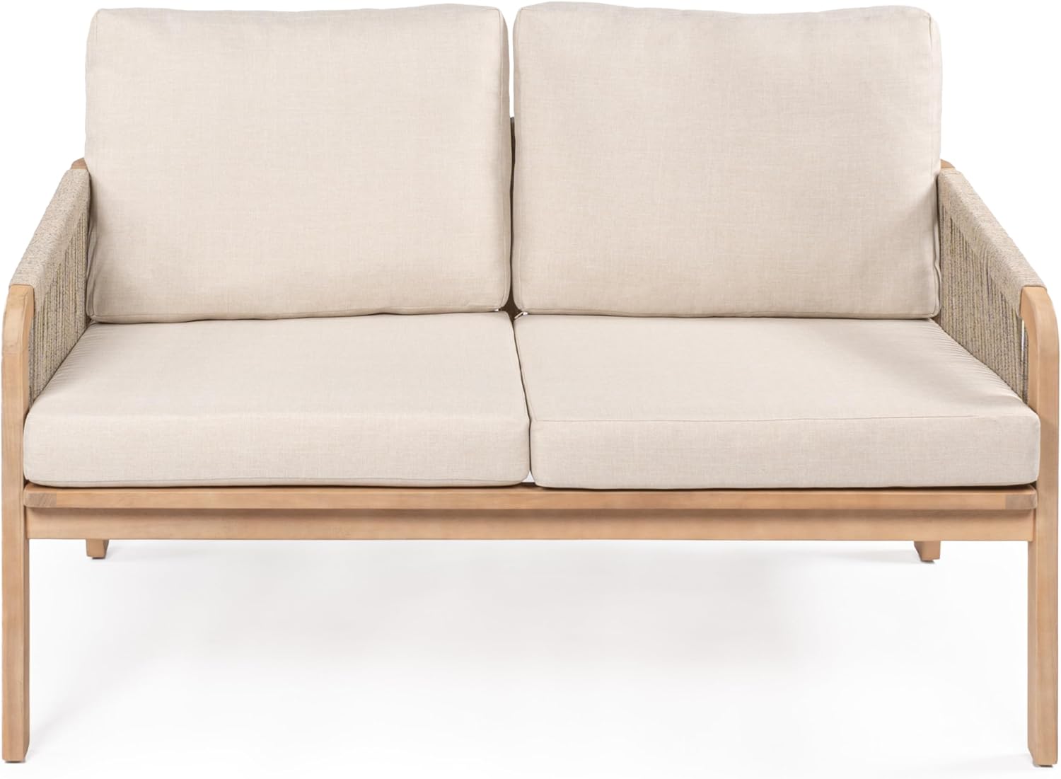 JONATHAN Y SFB1001A Arwen Modern Bohemian Roped Acacia Wood Outdoor Loveseat with Cushions Coastal, Contemporary, Transitional, Rustic for Backyard, Patio, Porch, Beige/Light Teak
