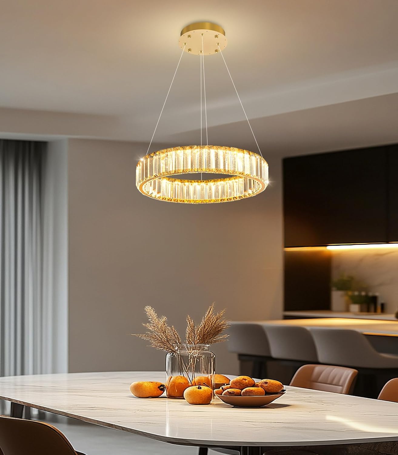 8'' Modern Ring Chandelier Crystal Chandeliers for Dining Room Round LED Dimmable Ceiling Light Fixture for Living Room Bedroom Lighting Gold