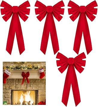 4 Pcs Medium Red Bows Christmas Tree Decor - 21"9" Velvet Red Bows with Golden Tie, Easy Hanging for Window/Stairs/Porch/Gifts Warp/Party Supplies