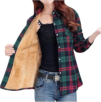 Buffalo Plaid Shacket Jacket Flannel Lined Casual Lapel Button Down Shirt Jacket Fall Winter Plush Warm Jacket Coat