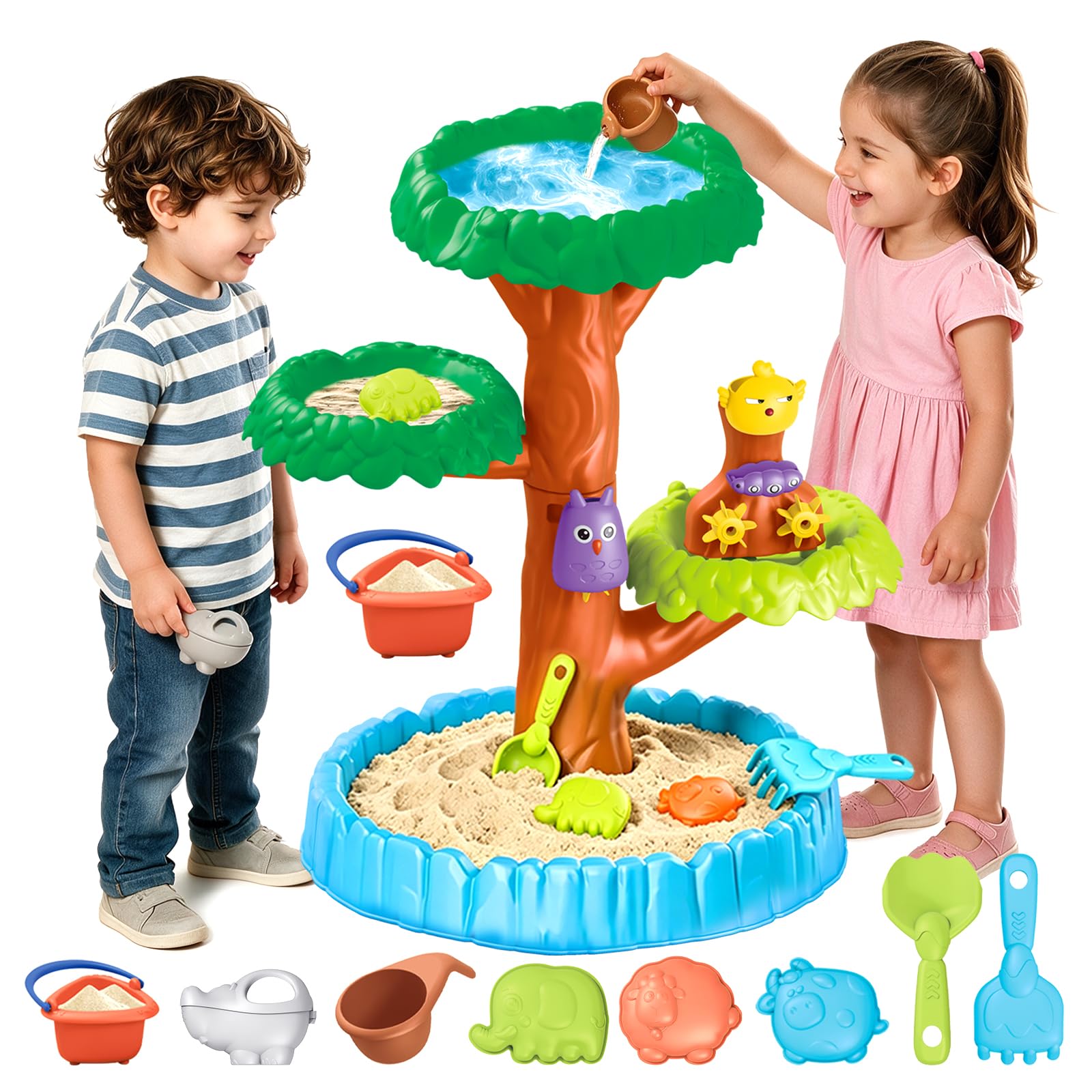 Sand- und Wasserspieltisch, Wasserspielzeug Kinder Outdoor, 4-Ebenen Baumförmiger, Spieltisch ab 3 Jahre, Wassertisch Kinder Outdoor, Geschenk 3–8 Junge Mädchen