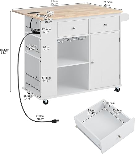 Miniatura 9 de MERITLINE Isla de cocina rodante con toma de corriente, isla de cocina con almacenamiento y ruedas, armario de cocina rodante con cajones y cajón