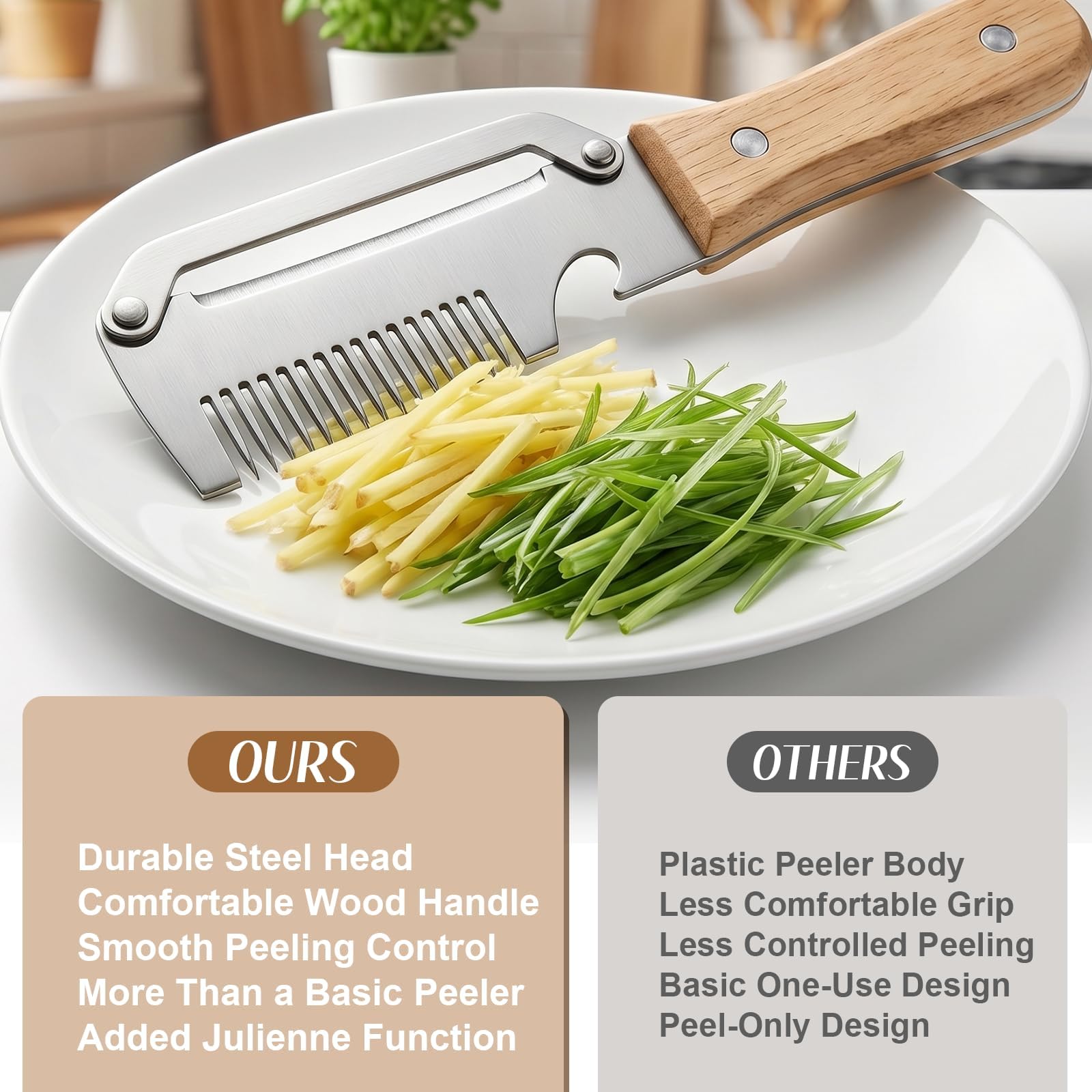 3-in-1 Multifunctional Vegetable Peeler, Upgrade Zero Snag Wooden Kitchen Tool, Stainless Steel Peeler with Wooden Handle for Shredding, Opening Bottles, Vegetables, and Fruits (2 pcs) — view 4