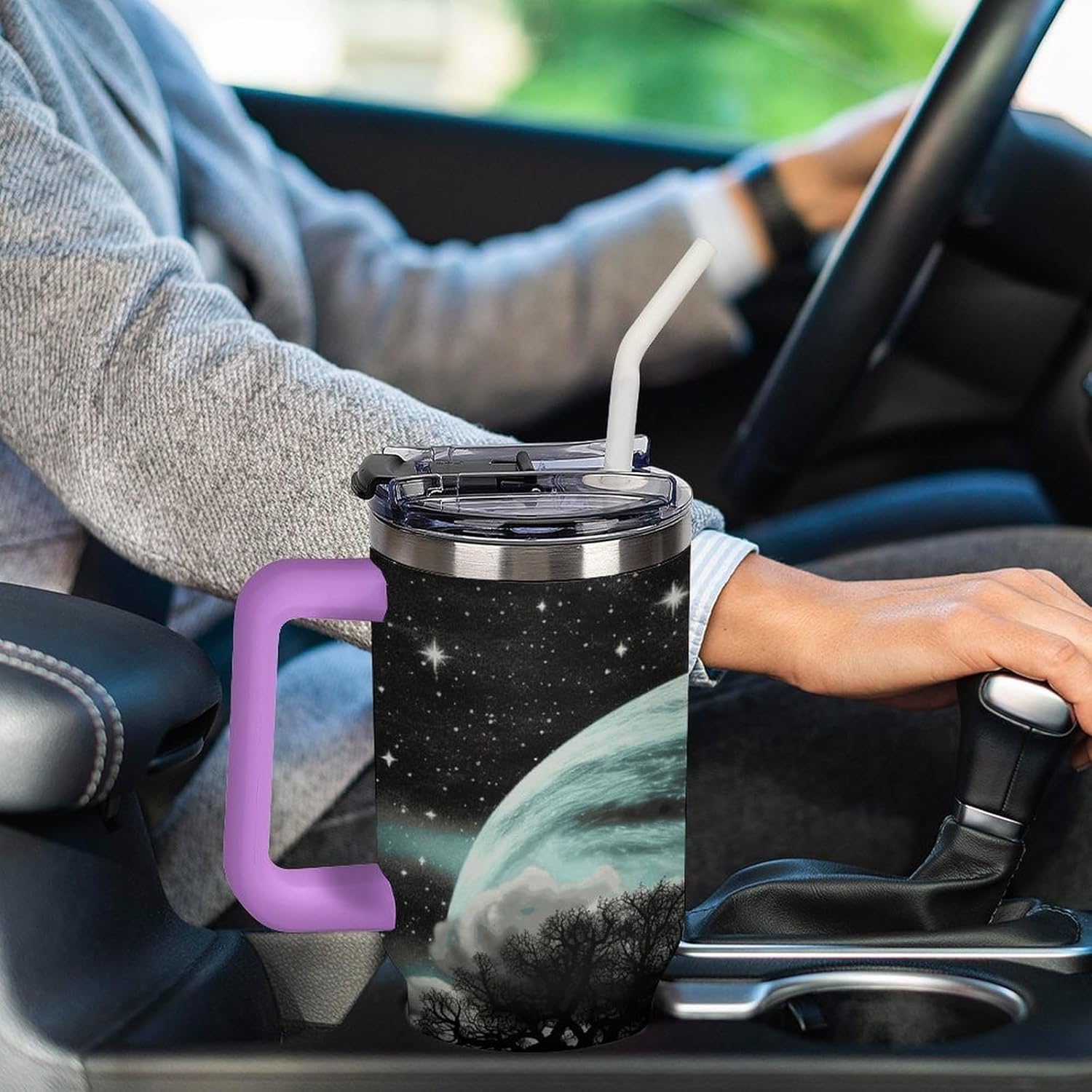 Large Car Cup with Handle&Lid Fashion Starry Night Black Tree Art Tumbler Sturdy Insulated Water Bottle Stainless Steel Vacuum Travel Mug Portable Coffee Cup for Home Outdoor 40 Oz Violet-style