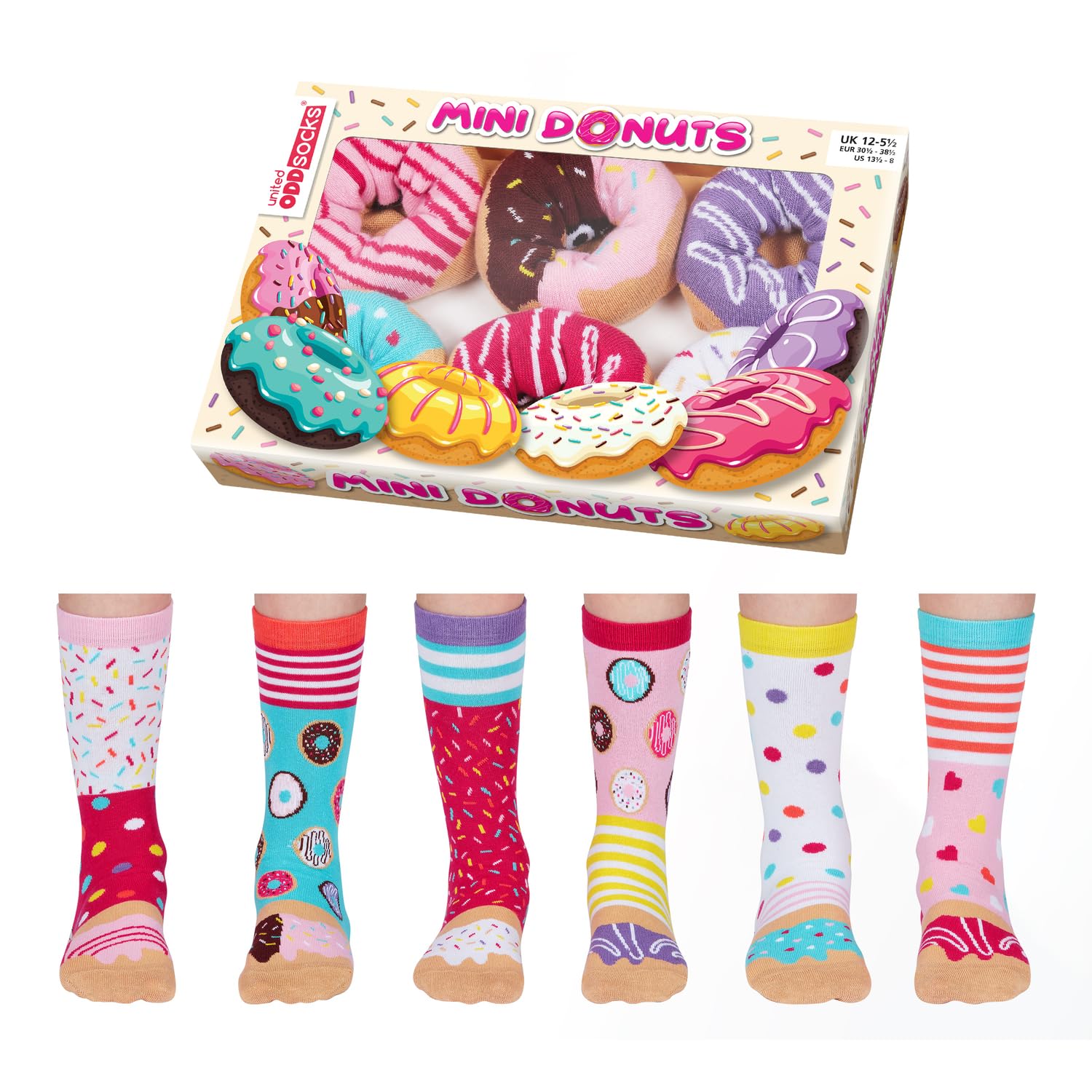 United Oddsocks Girls Multi-Coloured Mini Donuts Gift Box – 6 Colourful Kids’ Odd Socks For Donut Lovers – Uk 12-5.5 Eur 30-38 Us 13.5-8 – Sweet Treat-Themed Socks – Mix And Match – Fun & Cotton Rich Crew Set Gift