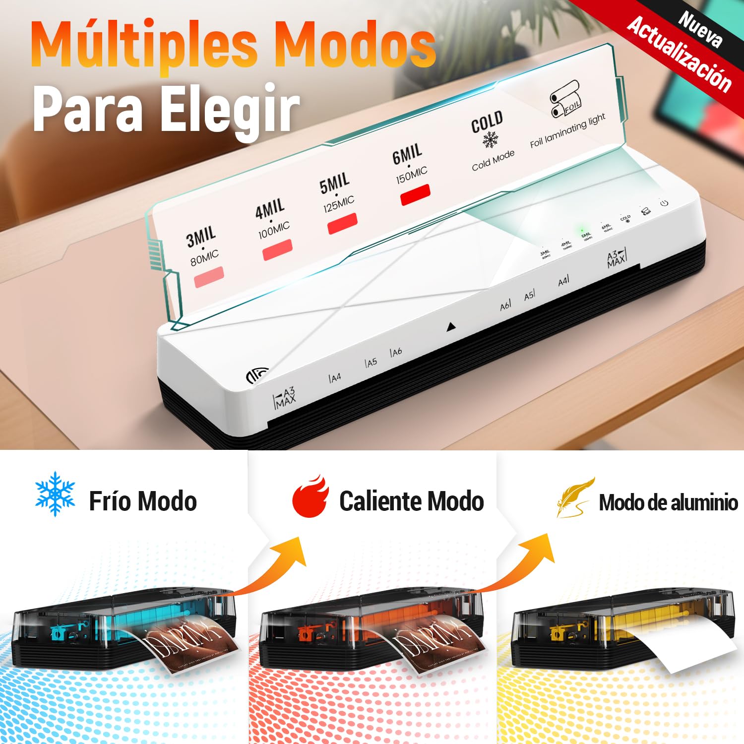 MAXDONE Plastificadora A3, Plastificadora, Máquina de Laminadora A3 A4 A5 A6 Termica platificadoras, Laminator con Función ABS para el Uso en Colegio Oficina Hogar con 12 bolsas de Laminado