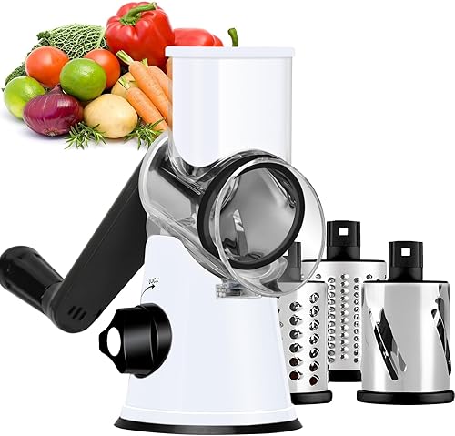 Miniatura 17 de Ourokhome rallador giratorio de queso con manivela manual, triturador de cocina con mandolina de velocidad, rallador de hielo con mango y cuchillas