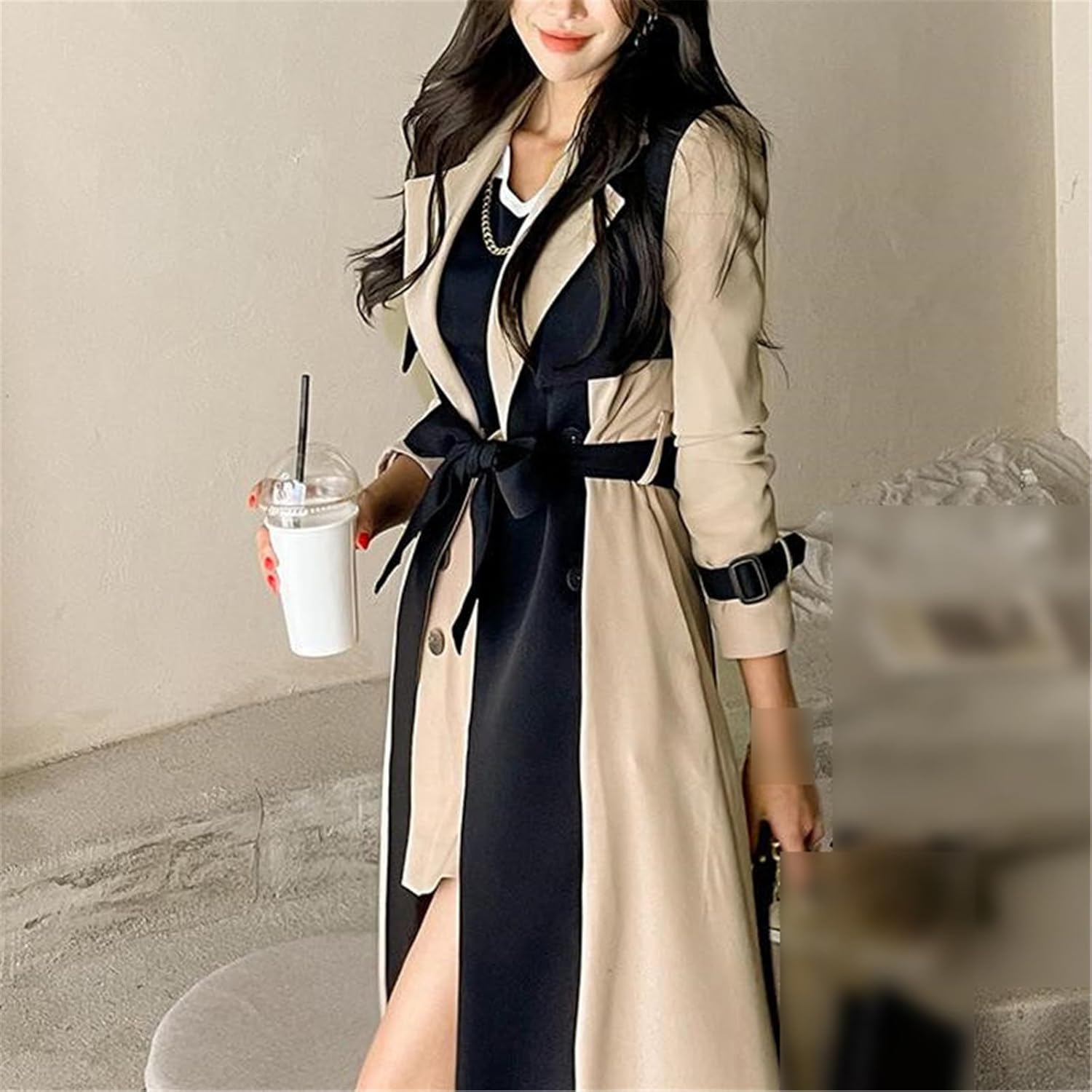 Spring/Autumn Notched Collar Ladies Patchwork Windbreaker Full Sleeve Buttons Belted Women Long Trench Coats