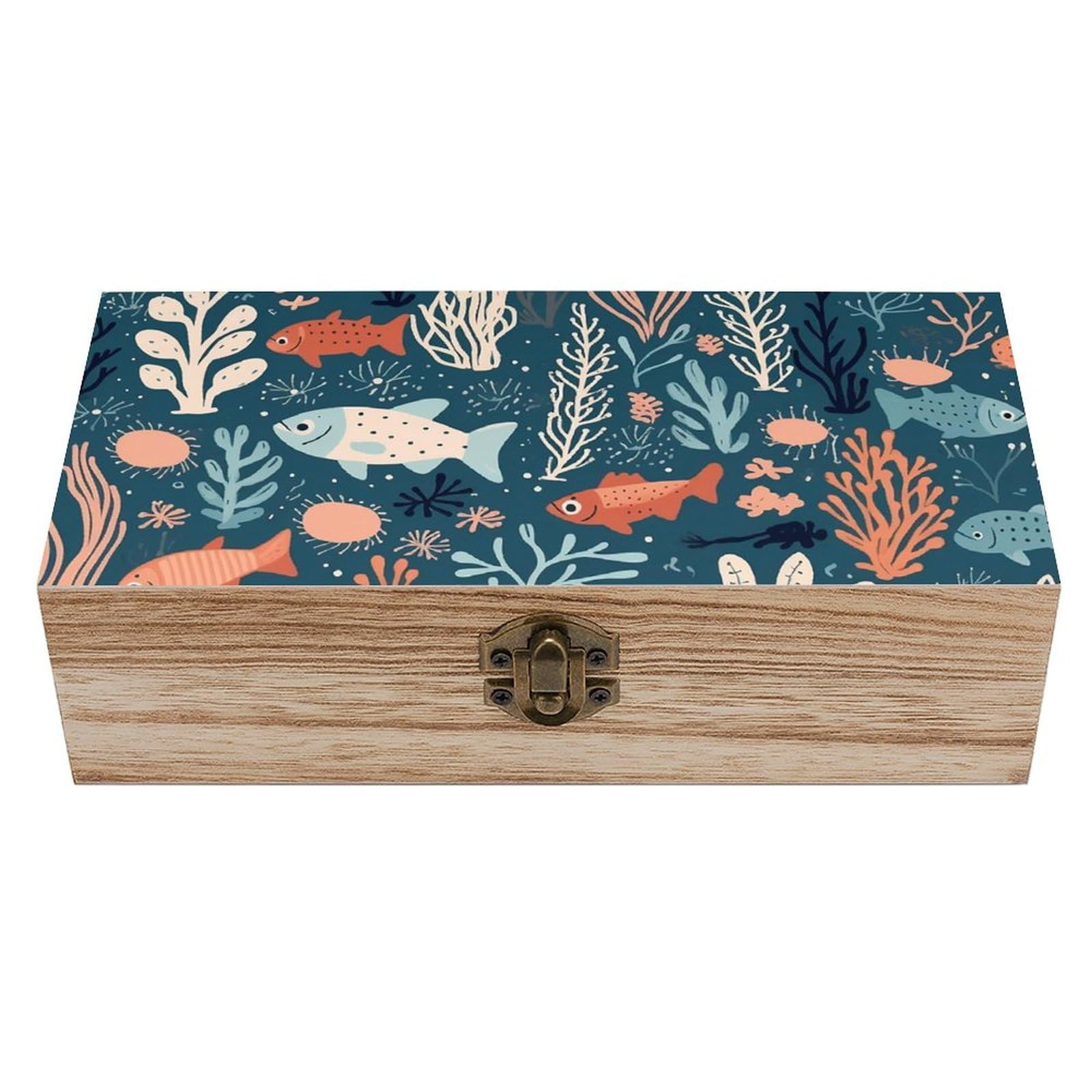 NTVOWPZO Wooden Storage Box Corals And Plants Wood Gift Box with Hinged Lid Vintage Decorative Boxes Jewelry Memory Box for Jewelry Art Hobbies Home Storage Treasure Keepsake Gift