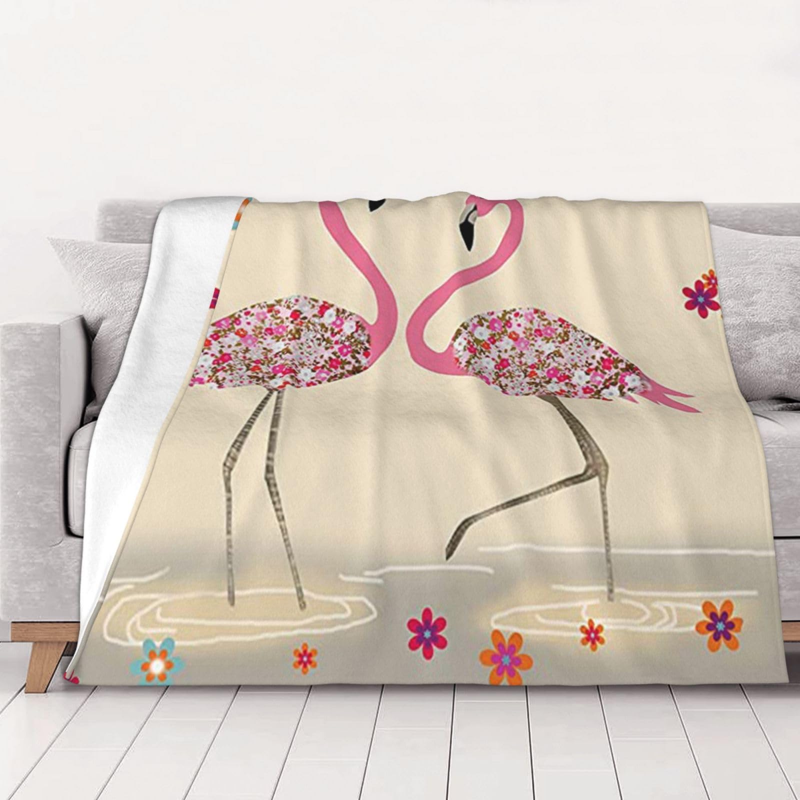 AUBKFELD Flamingos and Flowers Printed Flannel Blanket 150x125 CM, Soft & Warm Throw Blanket for Sofa/Couch/Bed/Car, Gifts for Audlts Women Men