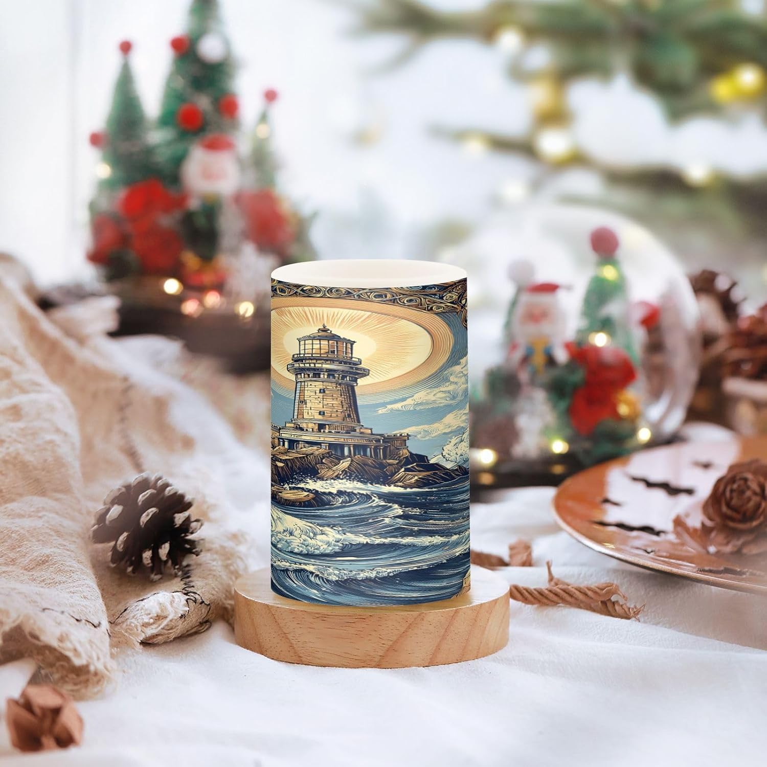 ALAZA Sea Wave Lighthouse Flickering Flameless Candles Pillar Led Candles Battery Operated Candles with Remote and Timers Set of 2