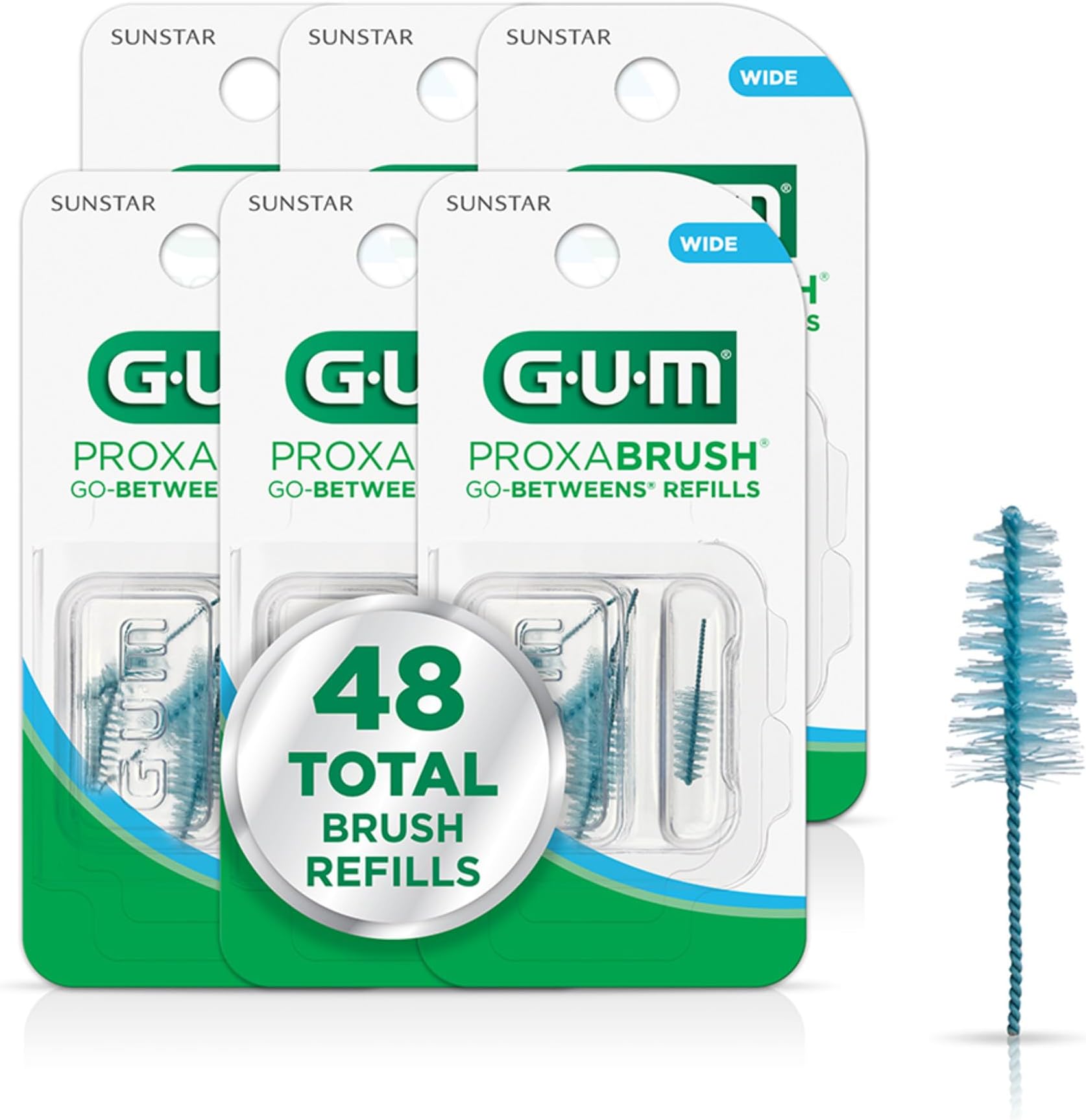 GUM Proxabrush Go-Betweens Wide Refills – Compatible with GUM Permanent Handle, Soft Bristle Interdental Brushes for Plaque Removal, Gum Health & Braces Care, 8 Count (Pack of 6) 48 Total