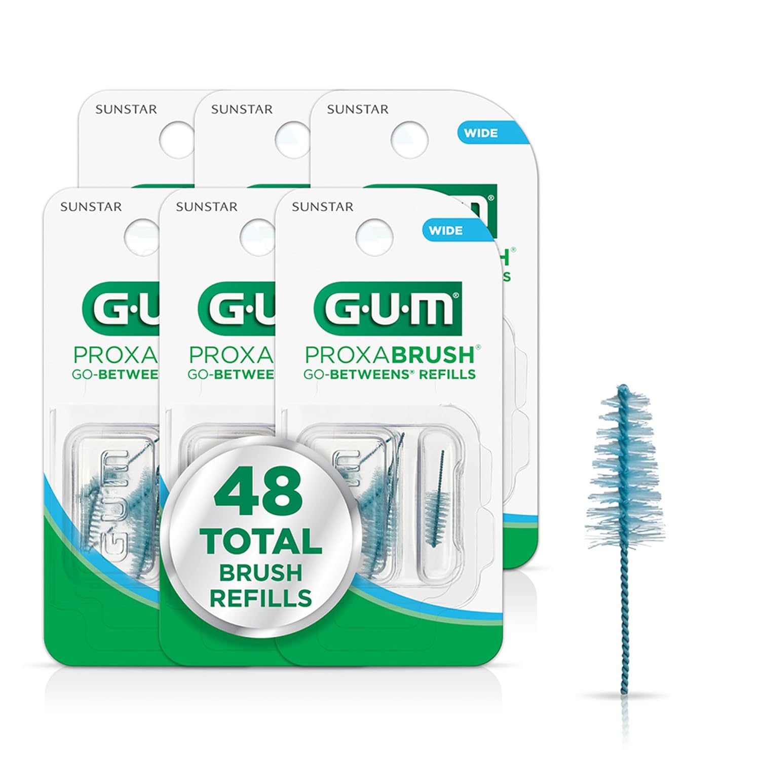 GUM Proxabrush Go-Betweens Wide Refills – Compatible with GUM Permanent Handle, Soft Bristle Interdental Brushes for Plaque Removal, Gum Health & Braces Care, 8 Count (Pack of 6) 48 Total