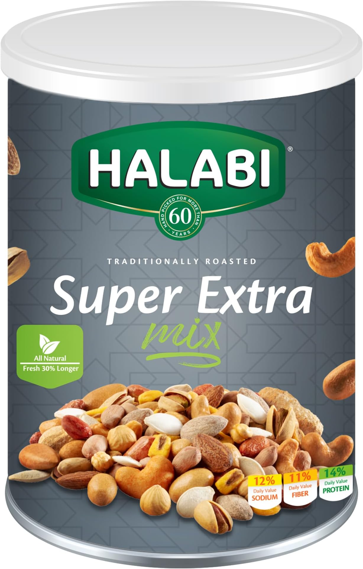 Halabi - Super Extra Mix - Mixed Nuts - Peanuts, Cashews, Pistachios, Almonds, Chickpeas, Pumpkin Seeds, Hazelnuts, Corns - Healthy Baked Snacks in a Can - 400g