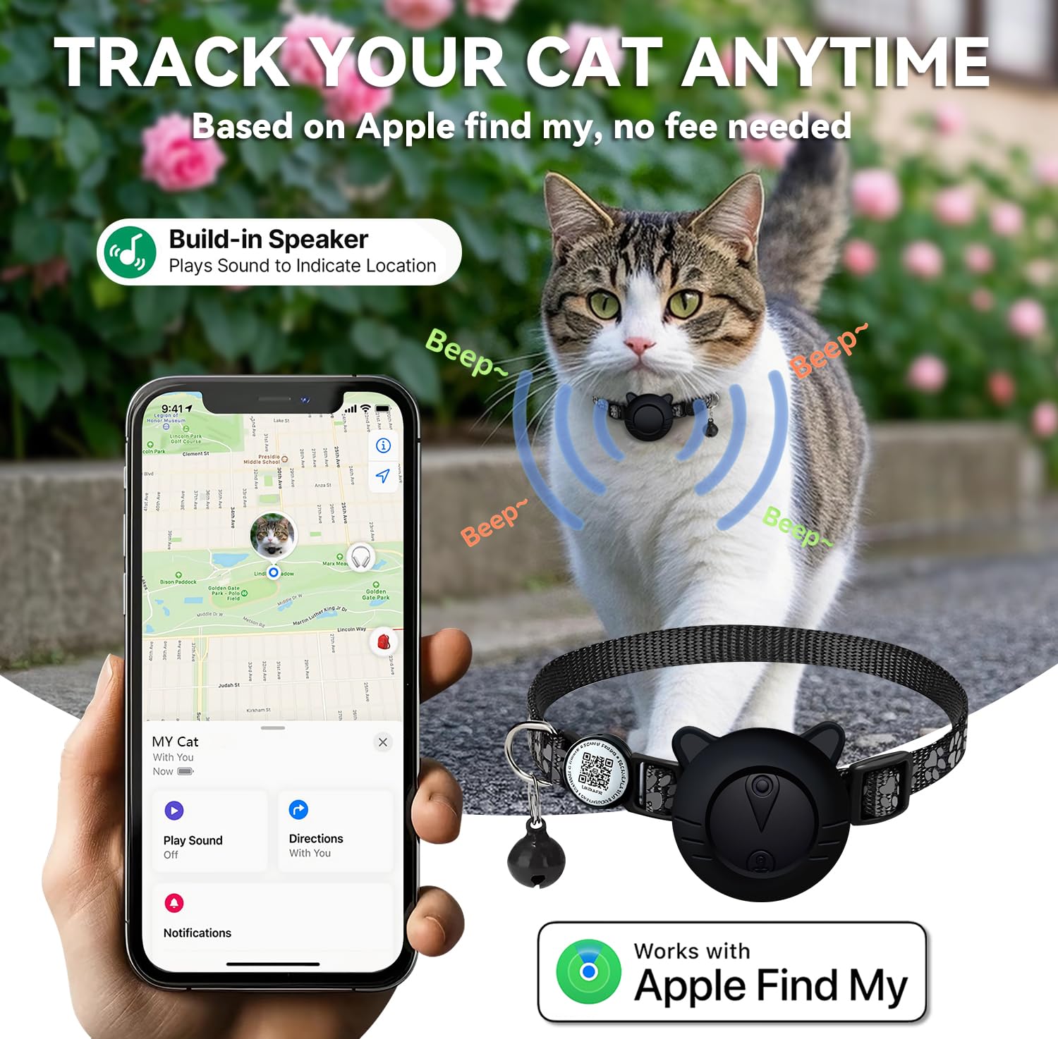 Collier de suivi GPS intelligent pour chat avec code QR - Localisateur étanche pour petits et grands chats - Compatible avec Apple Find My - Pas de frais mensuels - Solution de suivi avancée
