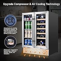 Vista 5 de Tylza Wine and Beverage Refrigerator, 24 Inch Dual Zone Wine Fridge, Holds 18 Bottles and 88 Cans, French Doors, Lock, Under-counter or Freestanding