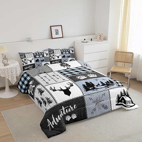 Miniatura 2 de Juego de edredón de oso de ciervo para niños, tamaño individual, juego de ropa de cama rústica de aventura de caza para niños, niñas y adultos,