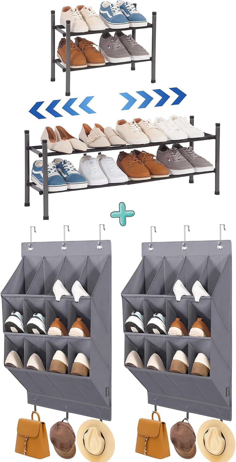 STORAGE MANIAC 2 Tier Expandable Shoe Rack+ 2 Pack Over the Door Shoe Organizer