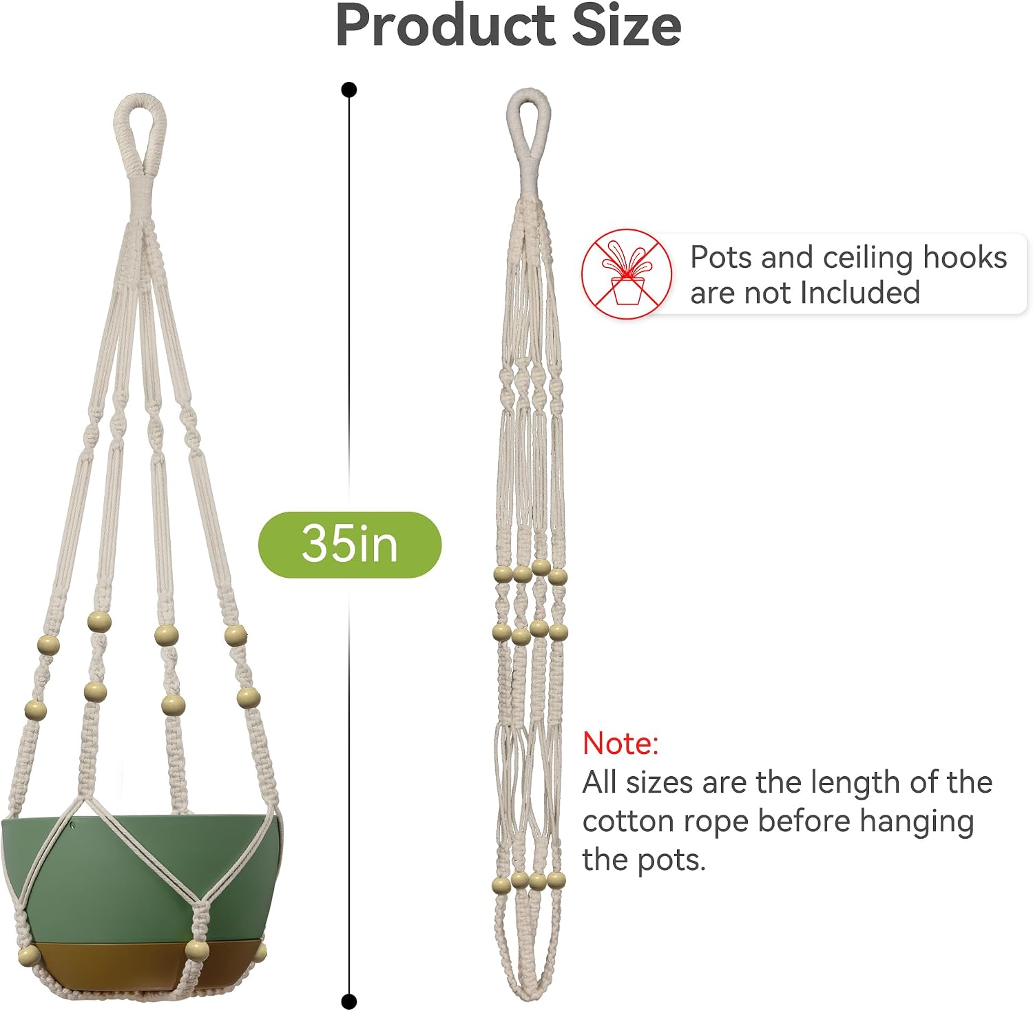 USLAI Macrame Plant Hanger Indoor Outdoor, Fits 4 to 15 Inch Pots, Strong Hanging Planter Holder, Boho Home Decor, 35+35 Inch, Ivory (POTS NOT Included)