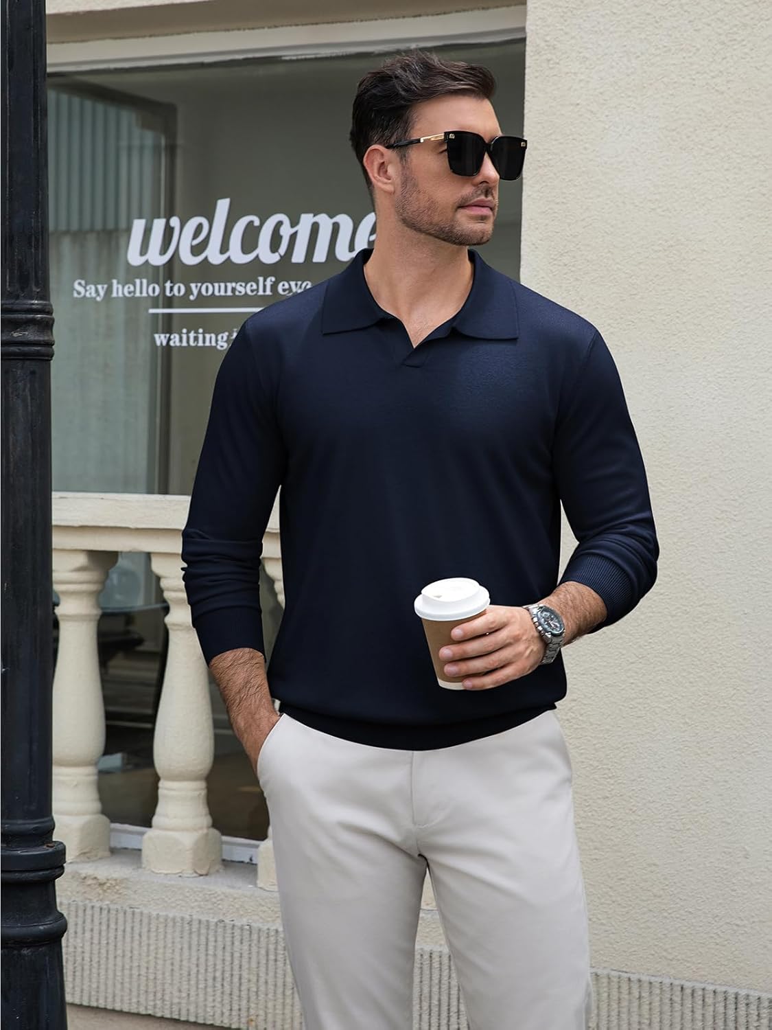 Mens Knit Polo Sweater Long Sleeve V Neck Casual Golf Polo Lightweight Collar Pullover Sweaters - Image 5