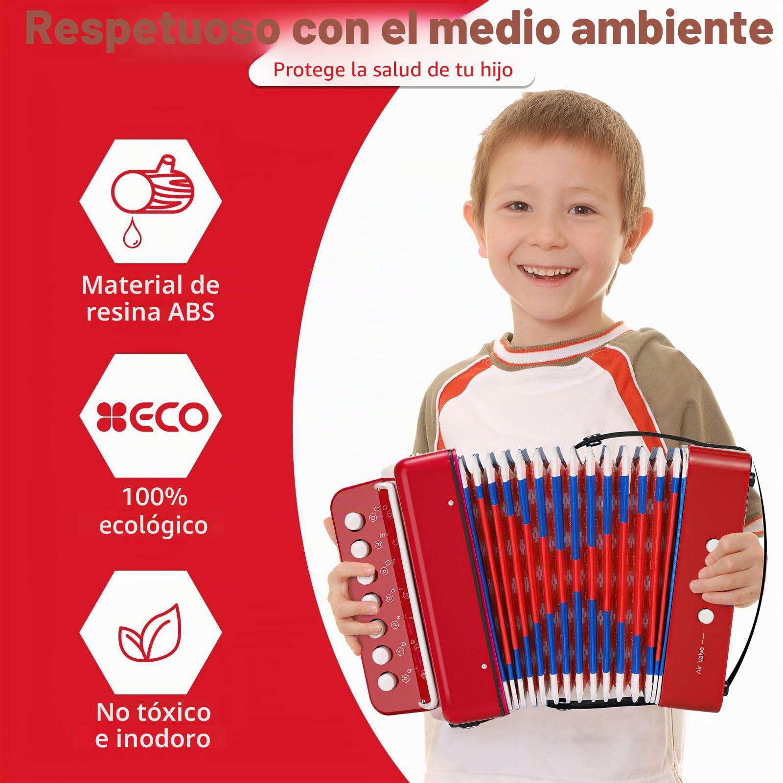 Acordeon Niño, Acordeón Infantil de 10 Teclas con Correas, Instrumento Musical de Acordeón Regalo para Principiantes, Instrumento Musical Acordeón para Niños de Más de 3 Años, Rojo