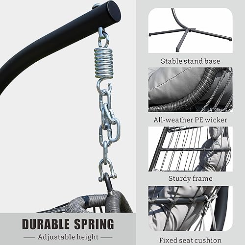 Miniatura 5 de HWB Silla colgante de huevo con soporte, silla columpio de mimbre para patio con cojín para dormitorio, jardín, interior y exterior (gris)