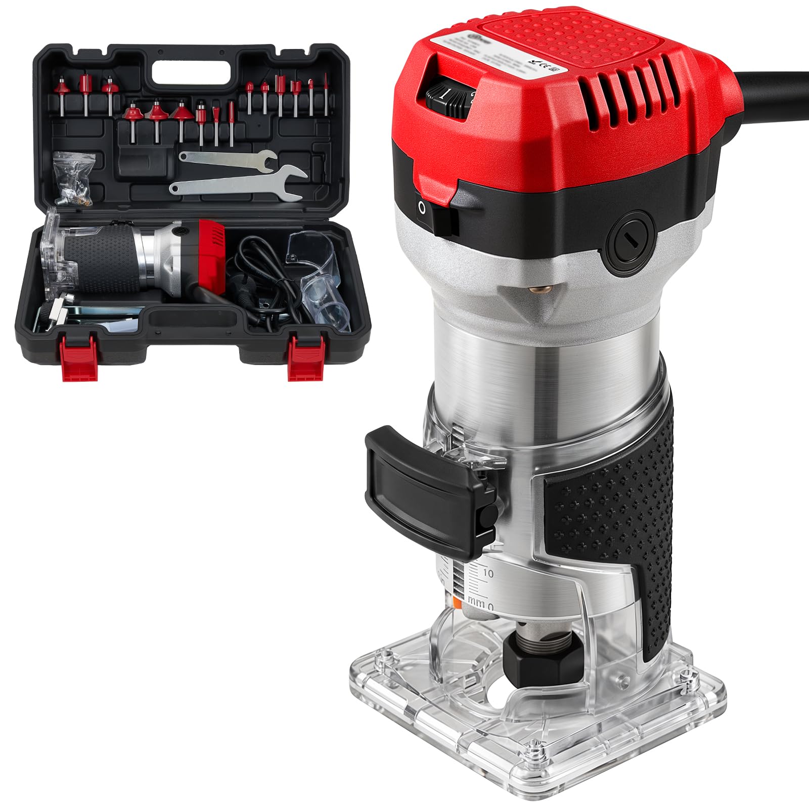 Palm Router Tool 800W, 33000R/MIN Electric Wood Router with Transparent Base & 15Pcs 1/4"(6.35mm) Router Bits Set, Variable 6 Speeds Wood Trim Router, Woodworking Tools for Handwork and DIY, Red