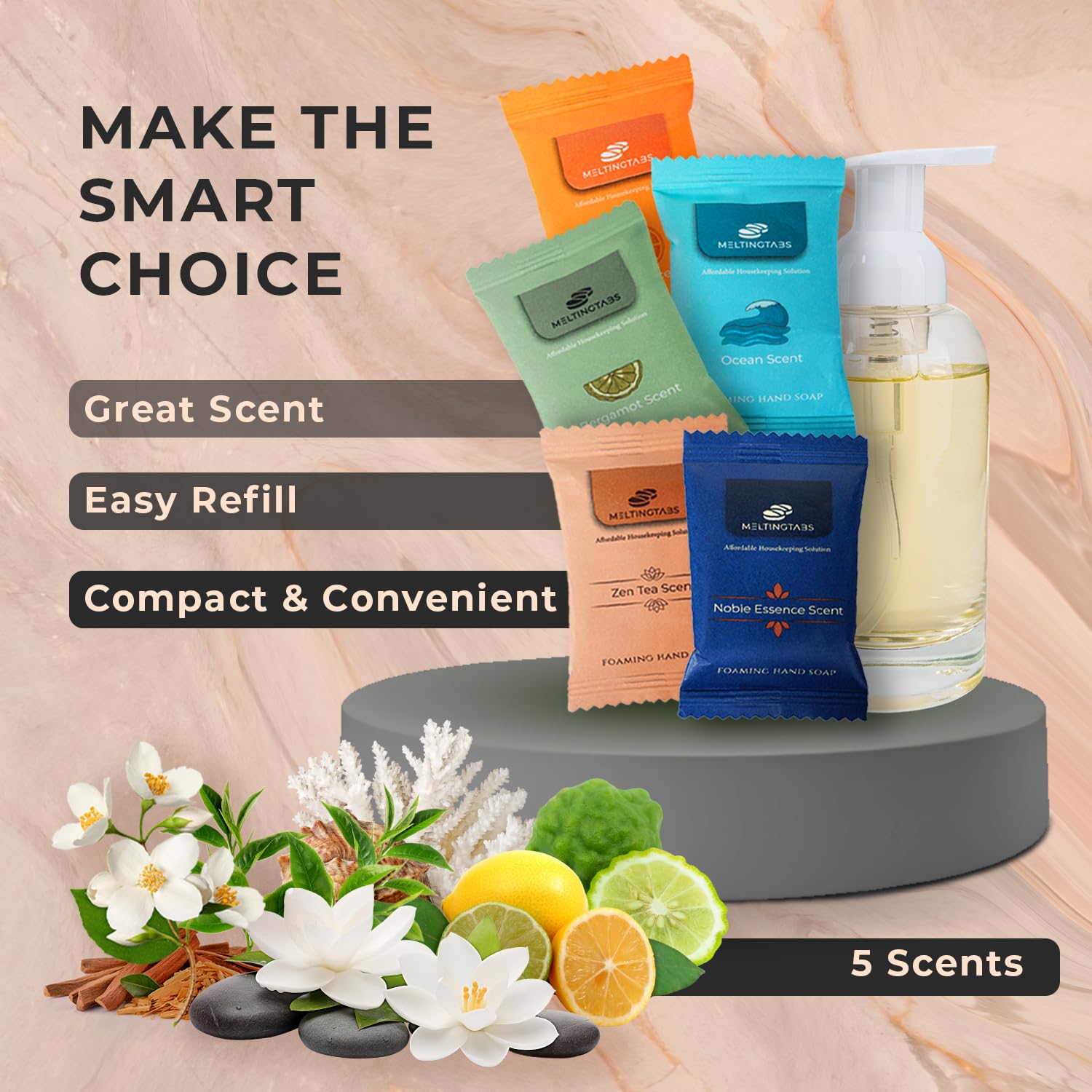 Assorted Foaming Hand Soap Tablets – 20 Tablets in 5 Scents (Citrus, Bergamot, Ocean, Noble Essence, Zen Tea) – Individually Packed, Concentrated Soap Refill for Foam Dispensers