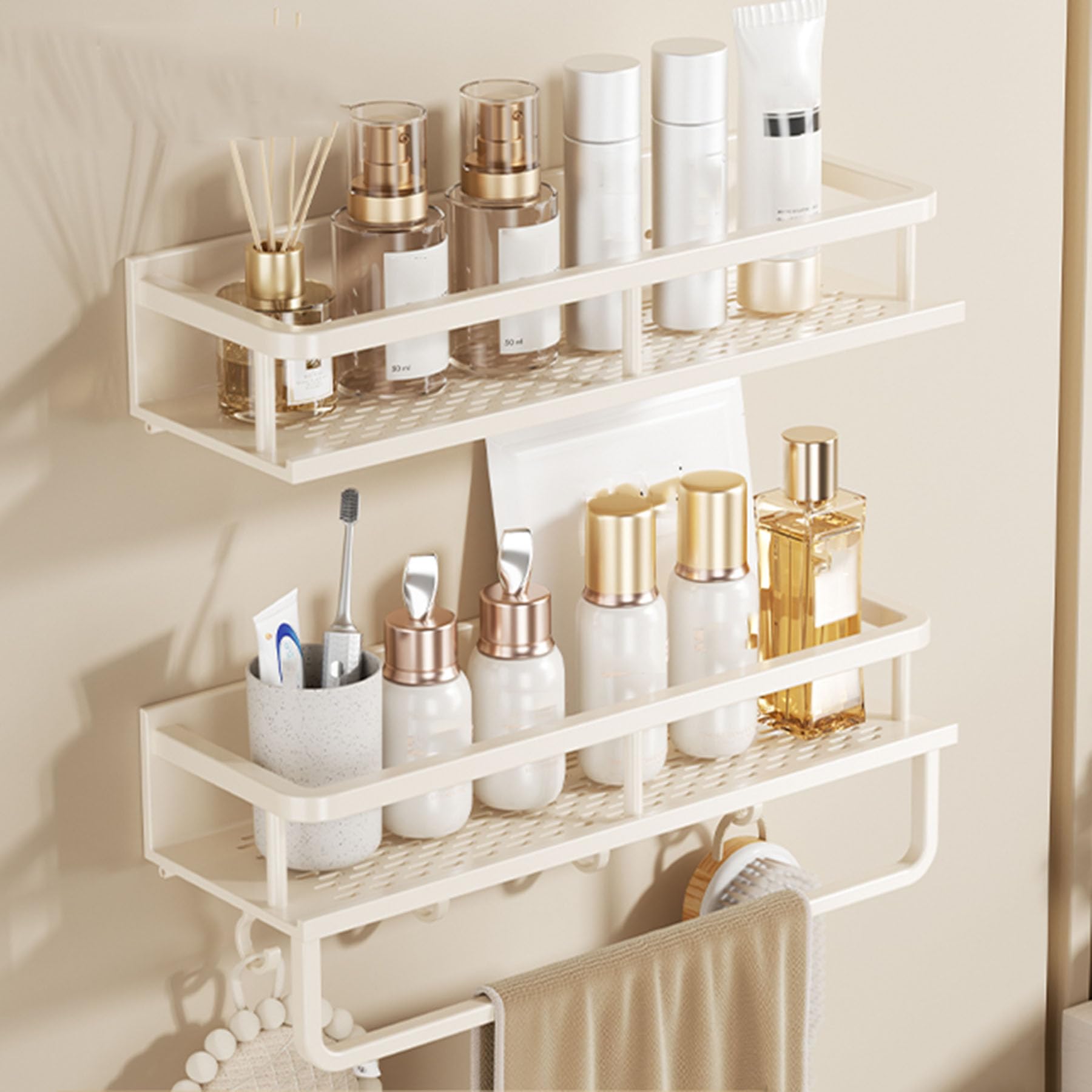 Selbstklebende Duschablage, Badezimmer Duschorganizer ohne Bohren, Duschregale aus Aluminiumlegierung mit großer Kapazität, an der Wand montiertes Duschaufbewahrungsregal,White f,40CM