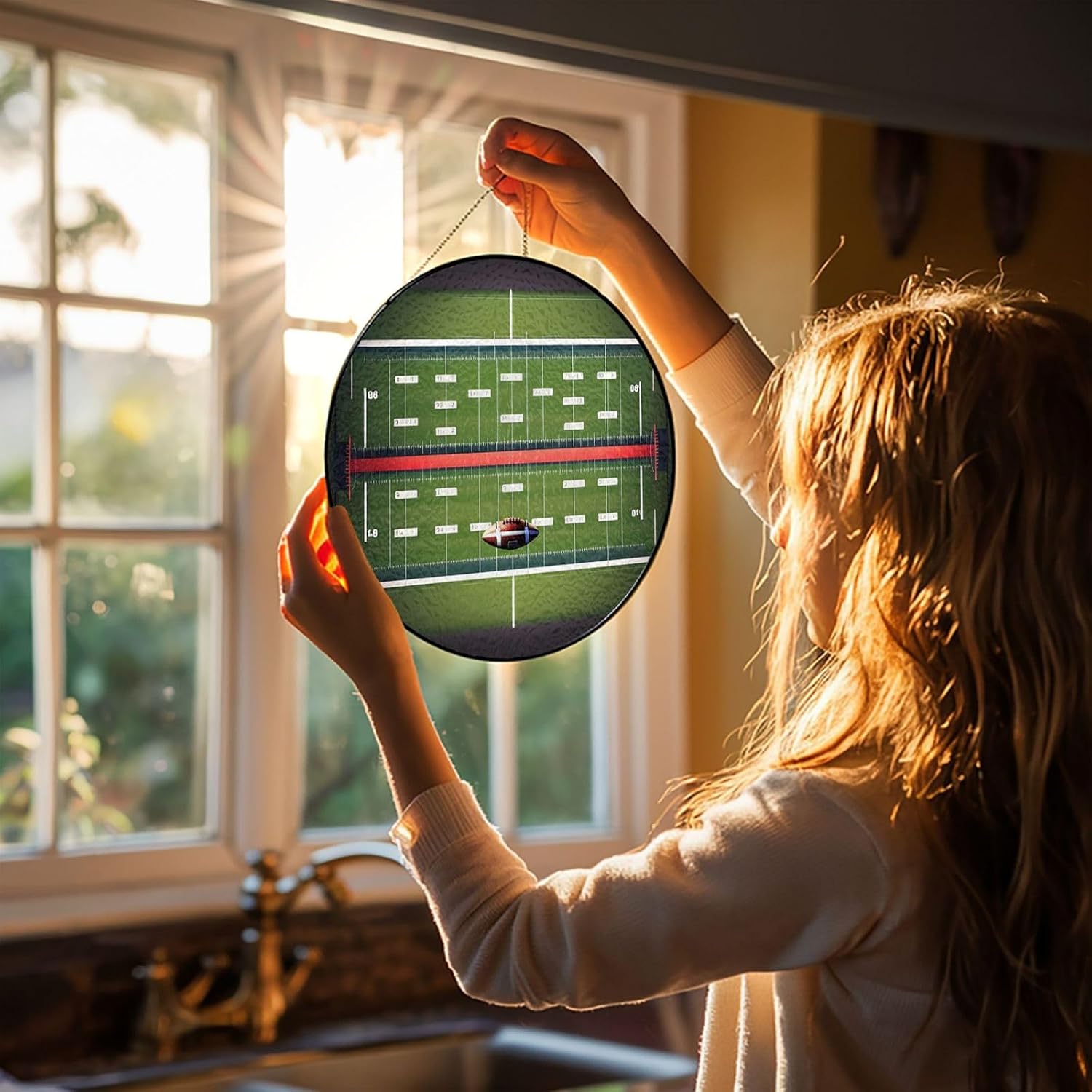 Stained Glass Window Hanging 10in Window Suncatcher Glass Panel with Metal Chain American Football Field and Ball Sun Catchers Wall Art Home Decor Gift for Women Mother's Day