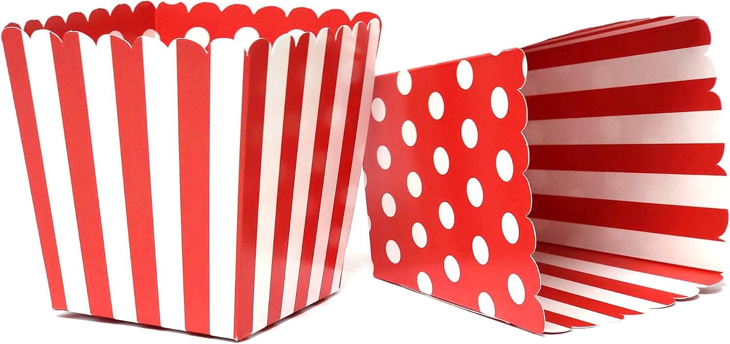 Red and White Party Favor Snack Boxes for Kids Birthday Parties, Baby Showers, Circus themed parties and school events. Set of 12 Reversible Polka Dots and Stripes Scalloped Popcorn Boxes