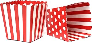 Red and White Party Favor Snack Boxes for Kids Birthday Parties, Baby Showers, Circus themed parties and school events. Set of 12 Reversible Polka Dots and Stripes Scalloped Popcorn Boxes
