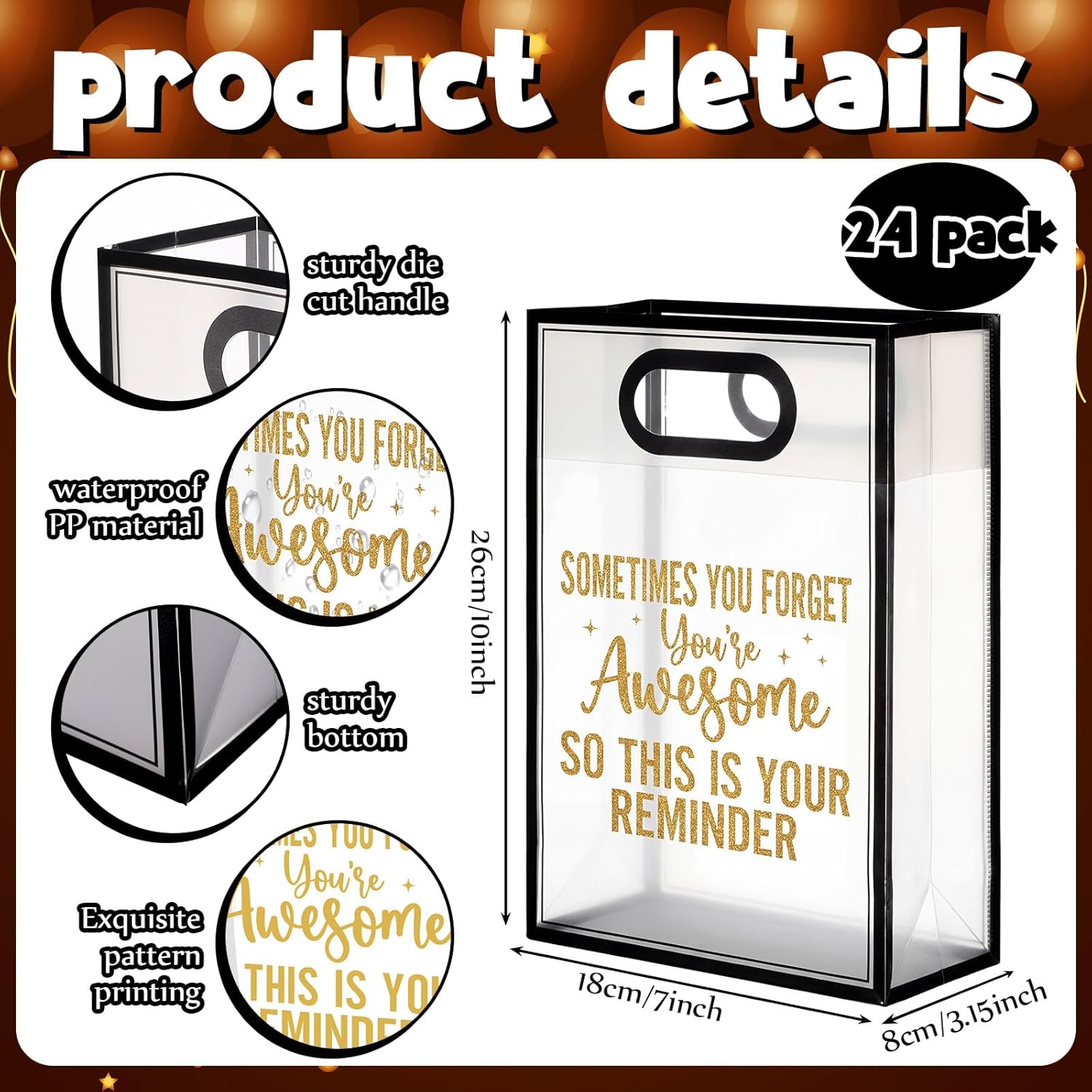 Shinylin 24 Pcs Employee Appreciation Clear Gift Bags Inspirational Clear Plastic Gift Bags with Handle Ribbon Sometimes You Forget Reusable Thank You Party Favor Bag for Coworker Teacher, Black Gold