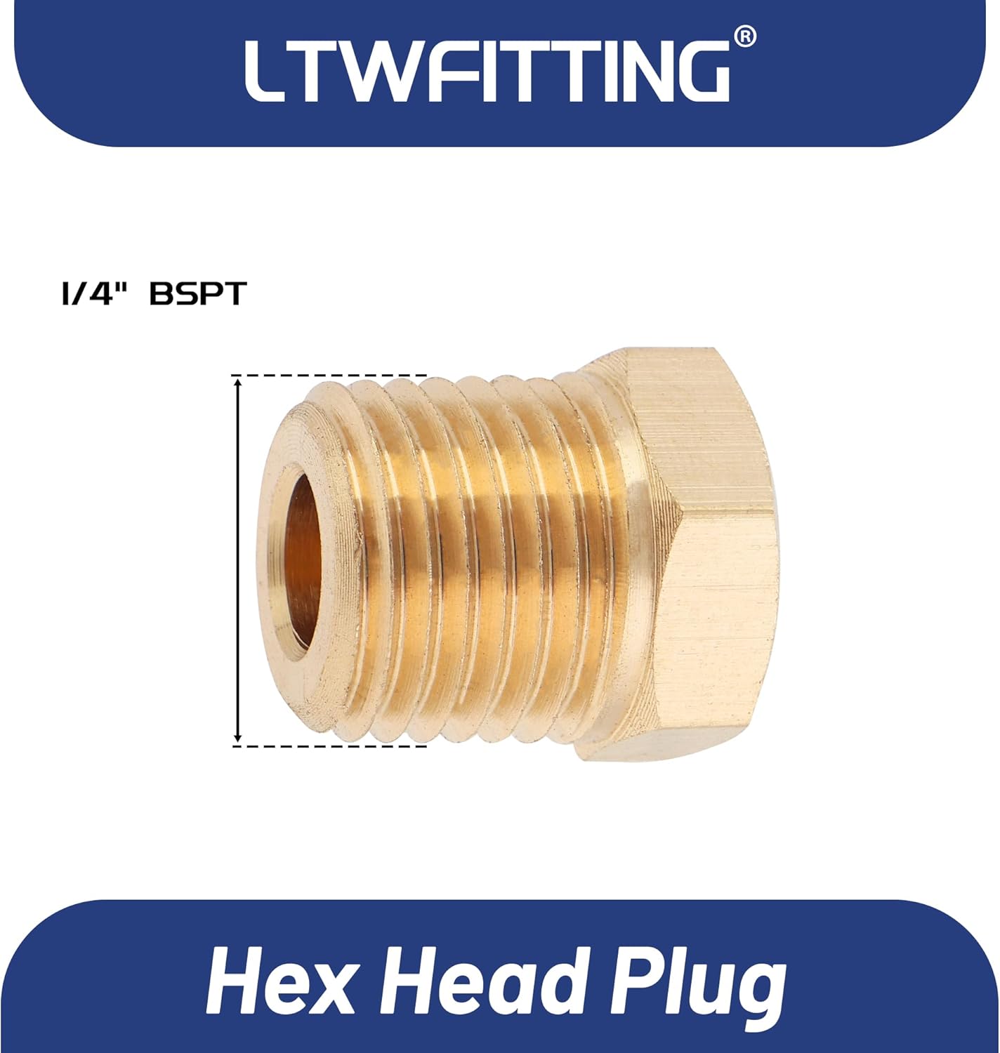 LTWFITTING Brass Pipe Hex Head Plug Fittings 1/4" Male BSPT Air Fuel Water Boat (Pack of 5)